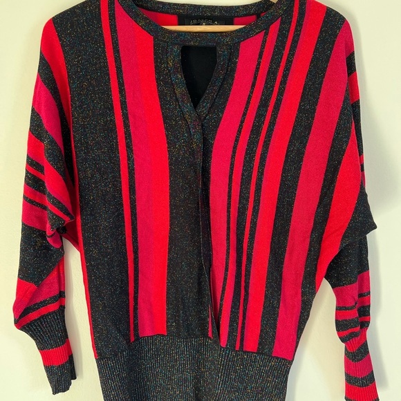 JOSEPH A.Womens Red Black Sweater Small Striped Shimmer Eyelet Casual Festive - Picture 4 of 17